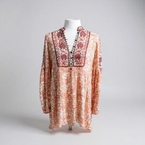 Anthropologie Claudia Tunic Top Size‎ M Peach Embroidered Long Sleeve Bohemian
